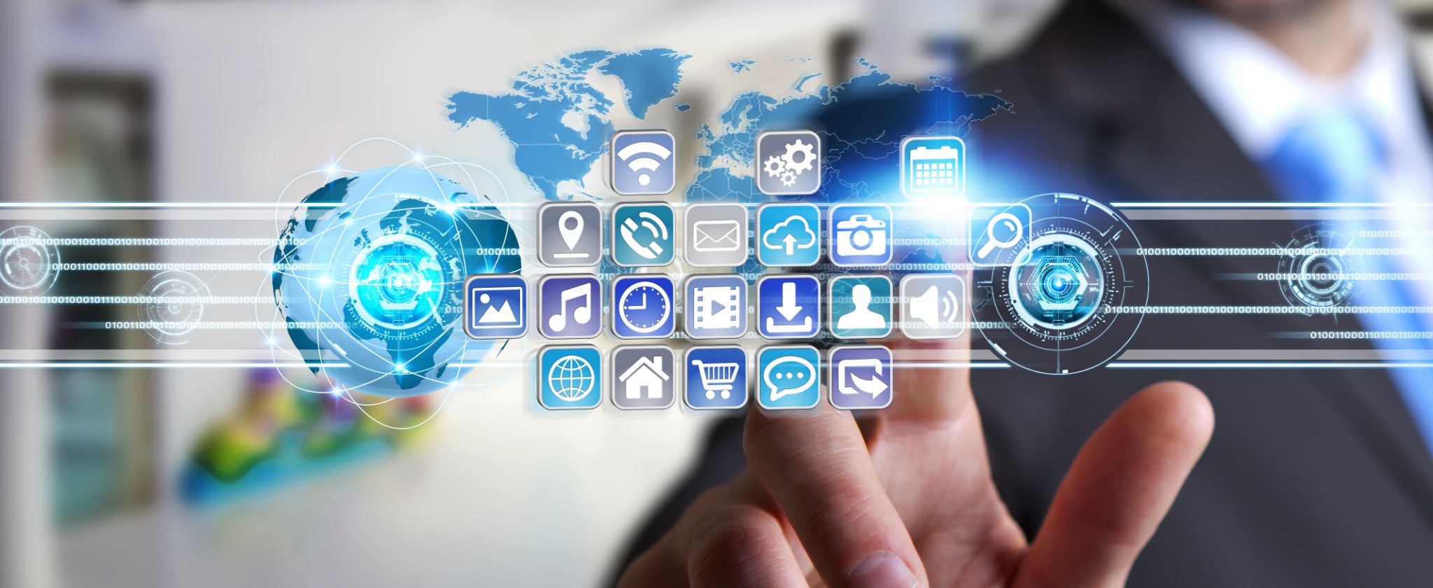 Young,Man,Holding,Application,Icons,Interface,In,His,Hand